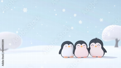 Cute penguins standing together in snowy landscape, surrounded by falling snowflakes. Their playful expressions evoke sense of joy and warmth in cold winter scene