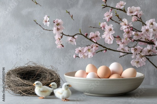 A cheerful Easter table setting showcases pastel-colored eggs nestled in a bowl, surrounded by blossoming branches and charming chicks. An inviting ambiance for spring festivities