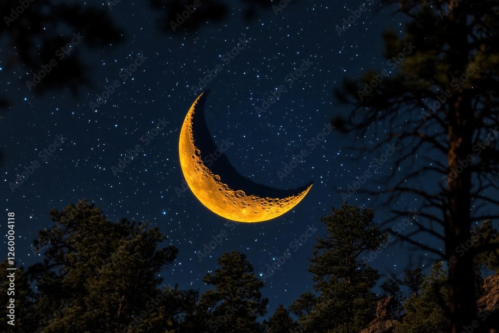 Naklejka premium Golden Crescent Moon Night Sky with Starry Trees