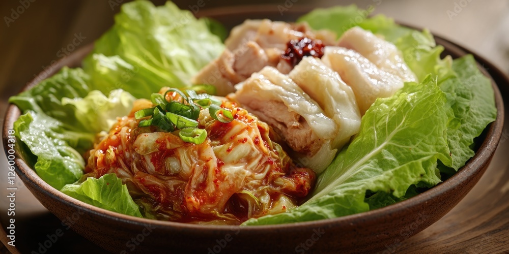 A traditional Korean dish, bibimbap is a spicy rice bowl with an assortment of vegetables and beef. Served in a wooden bowl with lettuce as garnish. A traditional Korean dish, bibimbap is a spicy rice bowl with an assortment of vegetables and beef. Served in a wooden bowl with lettuce as garnish.