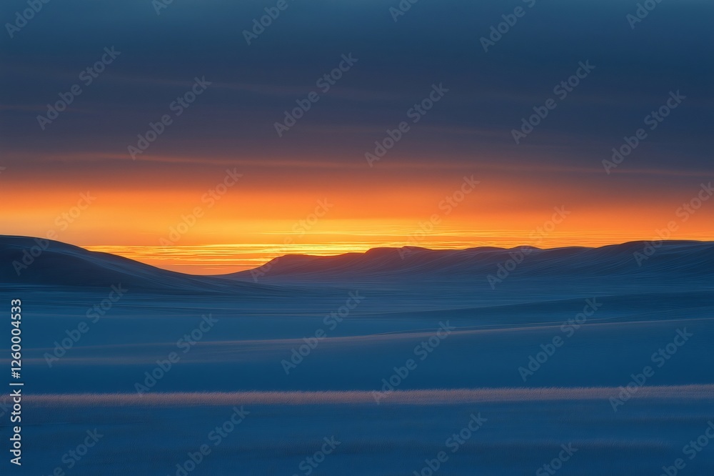 Fototapeta premium Vast expanse of snow covered desert bathed in the warm glow of a vibrant orange sunset, creating a serene and captivating winter scene
