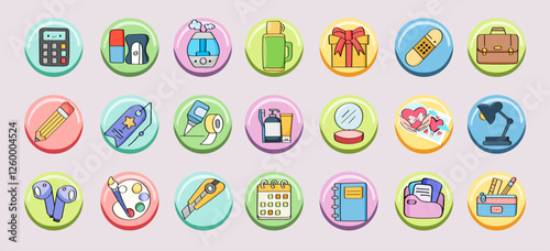A collection of hand-drawn stationery icons on removable circles