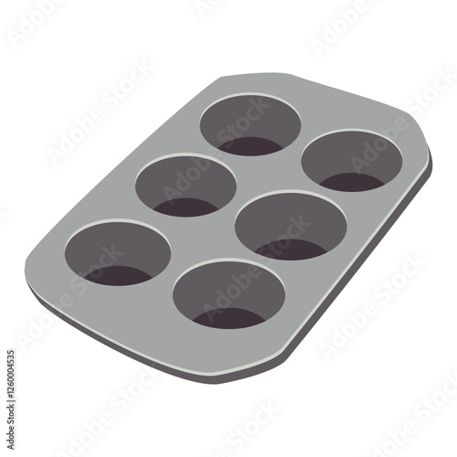 metal baking pan for muffins or cupcakes. Kitchen utensil, isolated on white background. Metal baking dish for desserts. Cartoon vector illustration.