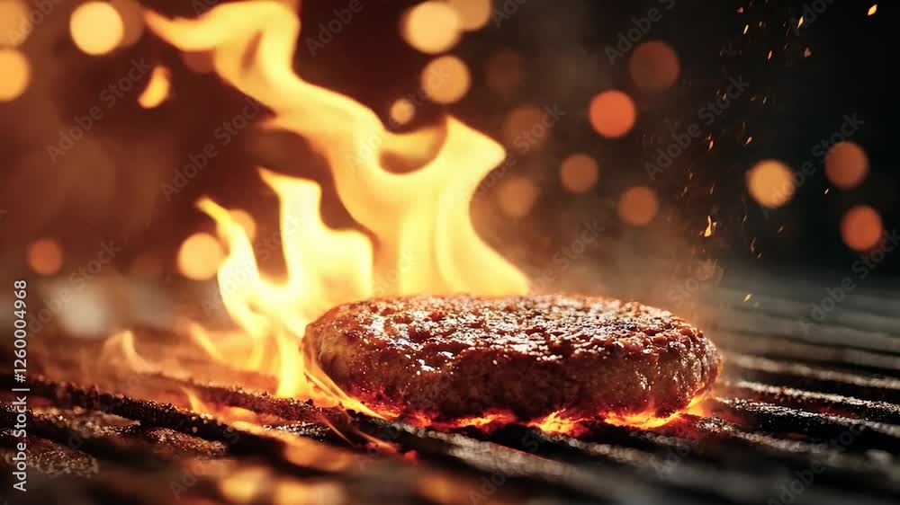 A juicy burger patty sizzling on a hot grill with flames rising, creating a fiery and appetizing barbecue scene.