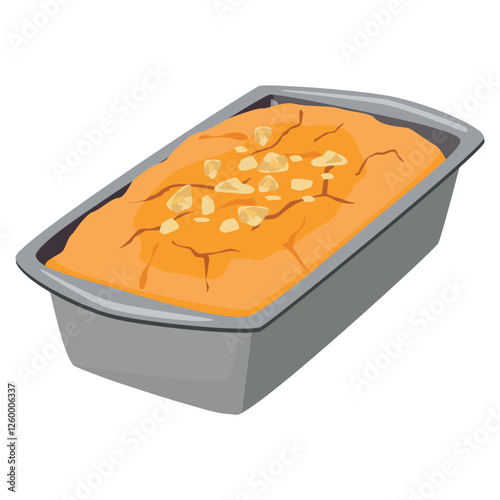 Banana bread in a baking pan. Homemade baking. Cartoon vector illustration.