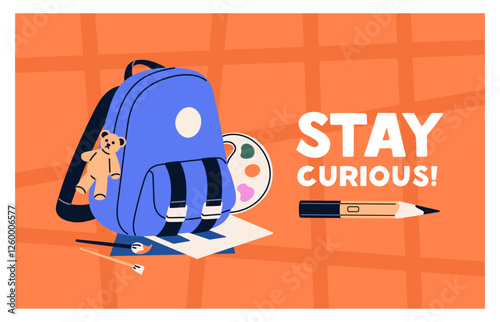 Knowledge Day postcard template. Back to School card design with students' bag, art stationery, backpack. Banner layout with schoolbag, knapsack with cute trinket, rucksack. Flat vector illustration