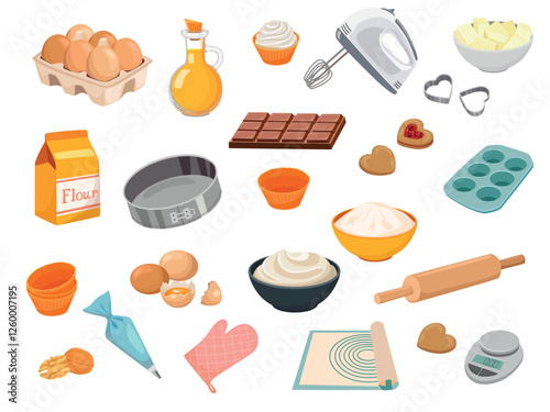 set of baking ingredients. Products and kitchen tools for cooking baking recipes. Cartoon vector illustration