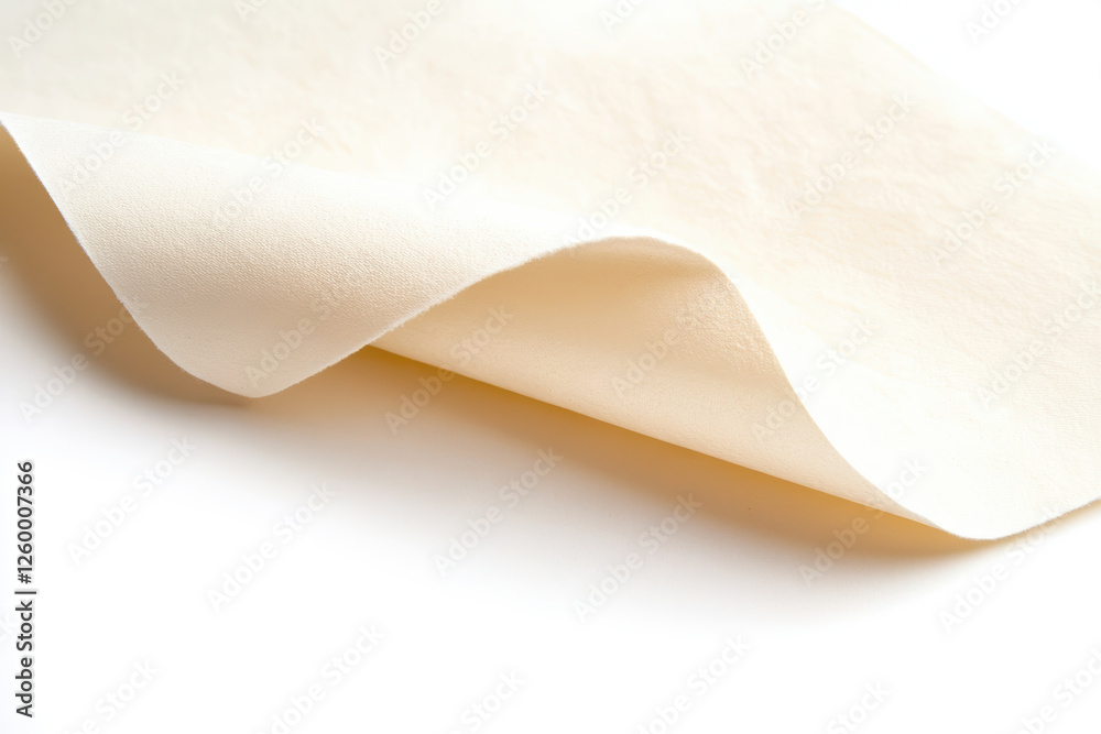 Elegant ivory textured paper sheet with smooth curled edge on white background minimalist design concept Elegant ivory textured paper sheet with smooth curled edge on white background minimalist design concept