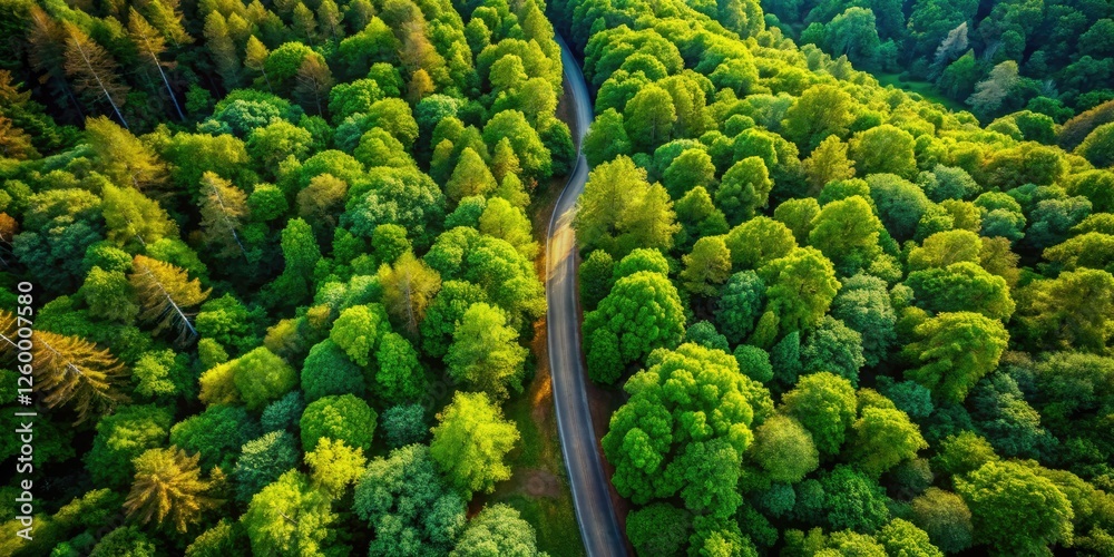 Drone's-eye view: a verdant forest path winds through dense trees and undergrowth. Drone's-eye view: a verdant forest path winds through dense trees and undergrowth.