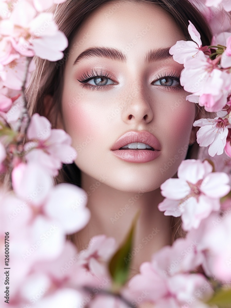 A woman with makeup in a field of pink flowers. A woman with makeup in a field of pink flowers.