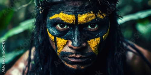 Fototapeta Naklejka Na Ścianę i Meble -  Native American tribe member with war paint in natural jungle setting