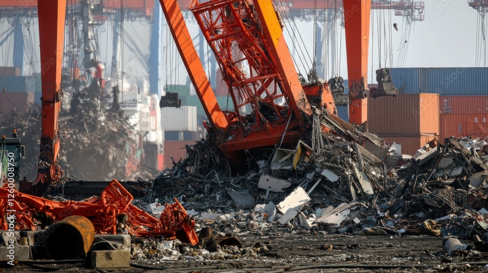 Orange Crane Demolishing Metal Structure at Shipyard