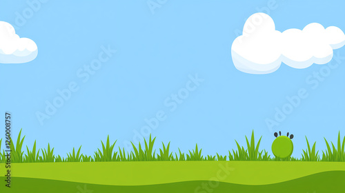 Playful green creature in a bright blue sky nature scene illustration vibrant environment whimsical perspective