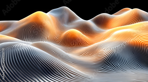 Abstract 3D Waves:  Striped Curves Flow Dynamically in Orange and White