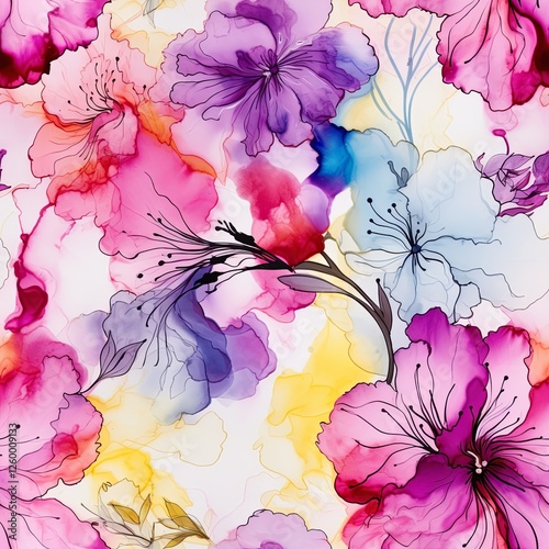 Seamless Floral Alcohol Ink Pattern, Spring Flower Illustration, Floral Background, Flower Pattern. For covers, wallpapers, branding, greeting cards and invitations