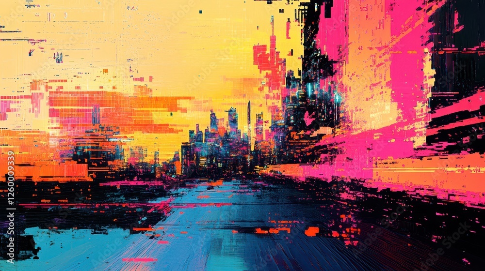 Naklejka premium Abstract colorful cityscape painting featuring glitch art style elements