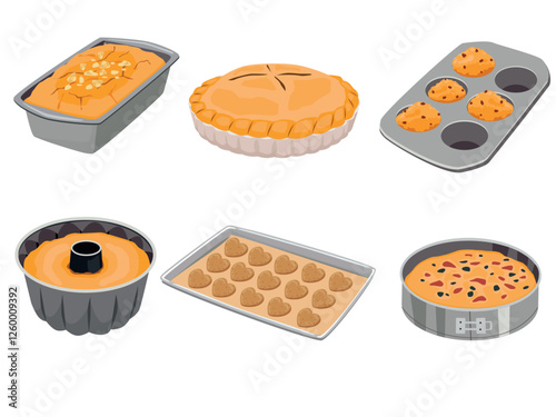 Set of bakery products. Various pastries from dough in various baking forms. Homemade cakes. Cartoon vector illustration.