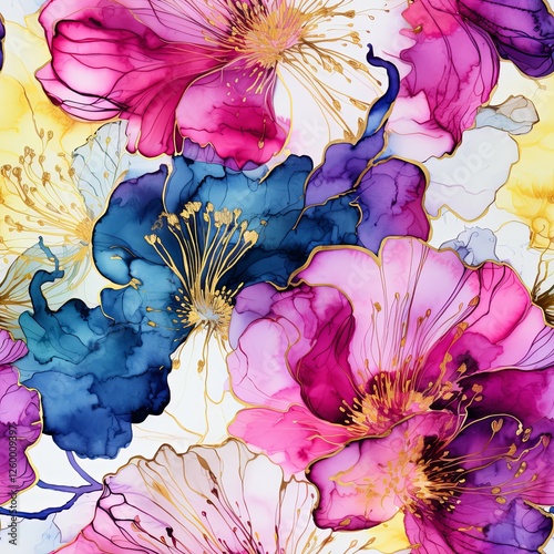 Seamless Floral Alcohol Ink Pattern, Spring Flower Illustration, Floral Background, Flower Pattern. For covers, wallpapers, branding, greeting cards and invitations