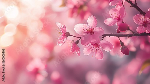 Pink cherry blossoms blooming, sunlit garden, spring