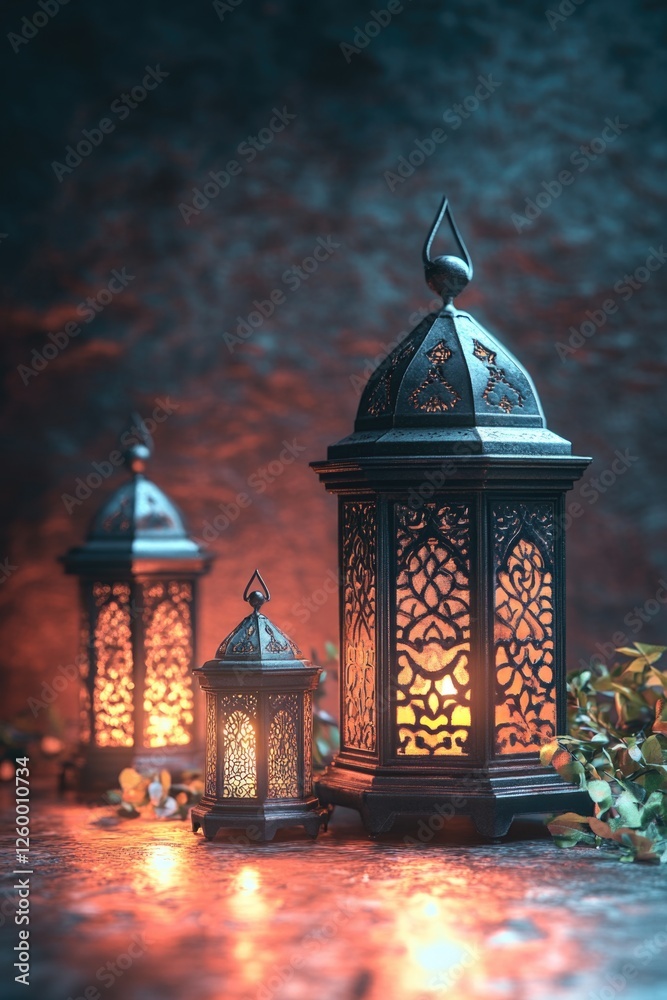 Fototapeta premium A pair of ornate, metallic lamps featuring intricate designs and candlelight illumination, set against a dark background for a moody atmosphere.