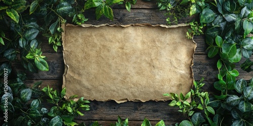 A vintage blank sign leaning against a rustic wooden wall, surrounded by green foliage and wild plants. The image conveys an unwritten promise or message awaiting its purpose.