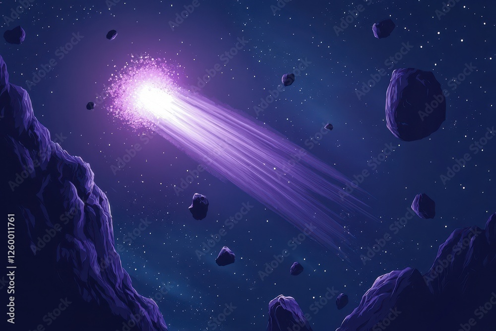 A luminous comet streaks across the starry space landscape A luminous comet streaks across the starry space landscape