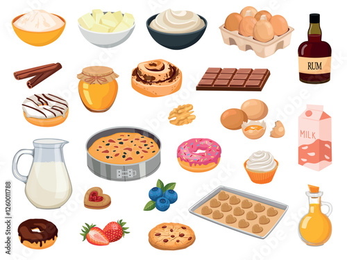 set of baking ingredients and baking cookies and pie. Cartoon vector illustration