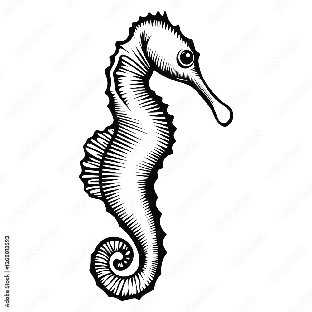 Fototapeta premium Detailed Black and White Seahorse Illustration with Intricate Linework