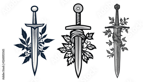 Classic Swords with Floral Elements Representing Strength and Beauty