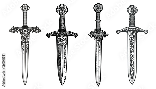 Ornate Medieval Swords with Floral Engravings and Decorative Handles