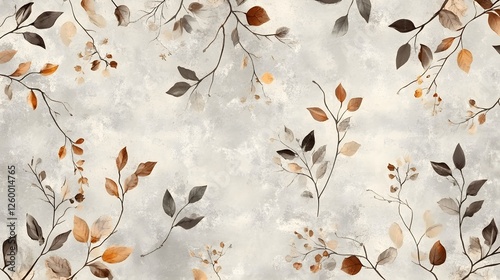 Elegant Autumnal Leaf Branches Pattern on Grey Textured Background