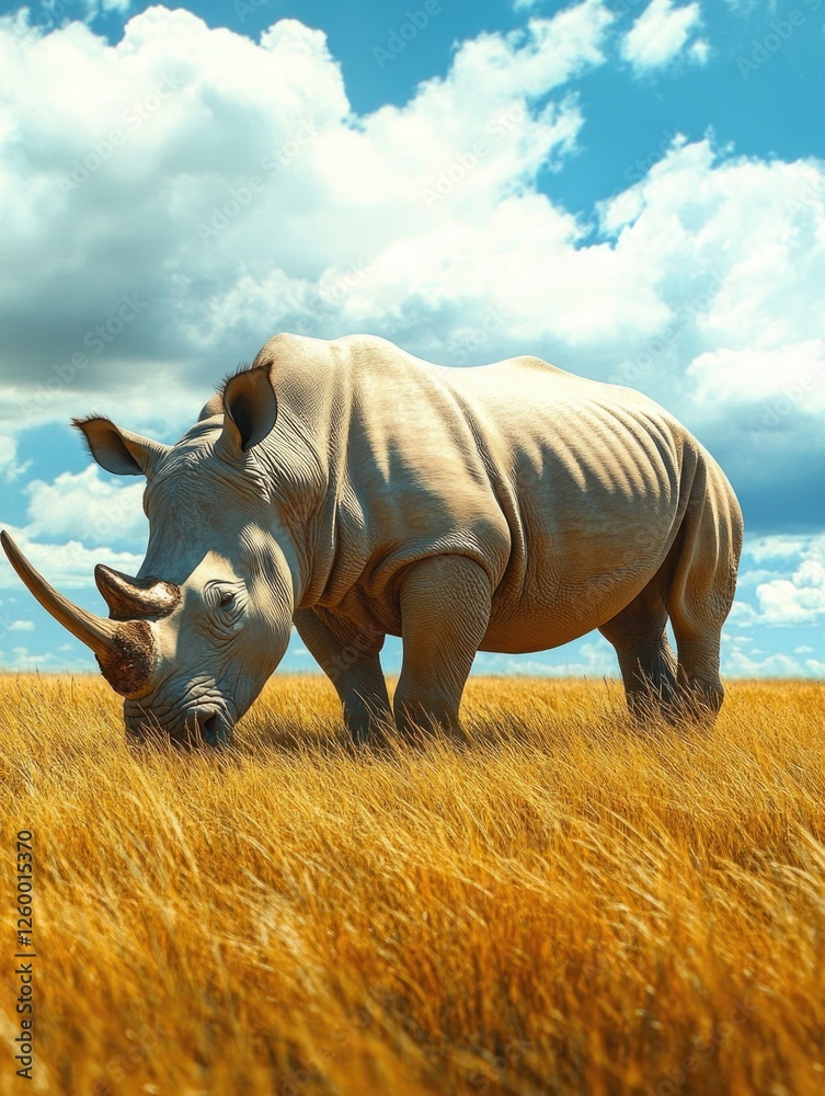 Fototapeta premium A rhino grazing in a grassy field with blue sky above.