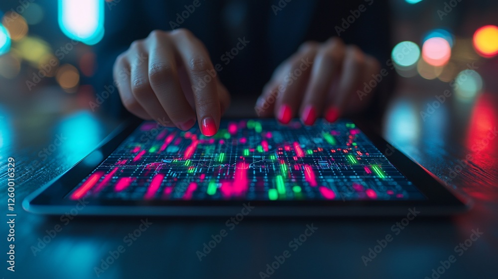 Business professional analyzing data trends on a tablet in a vibrant urban setting at night Business professional analyzing data trends on a tablet in a vibrant urban setting at night