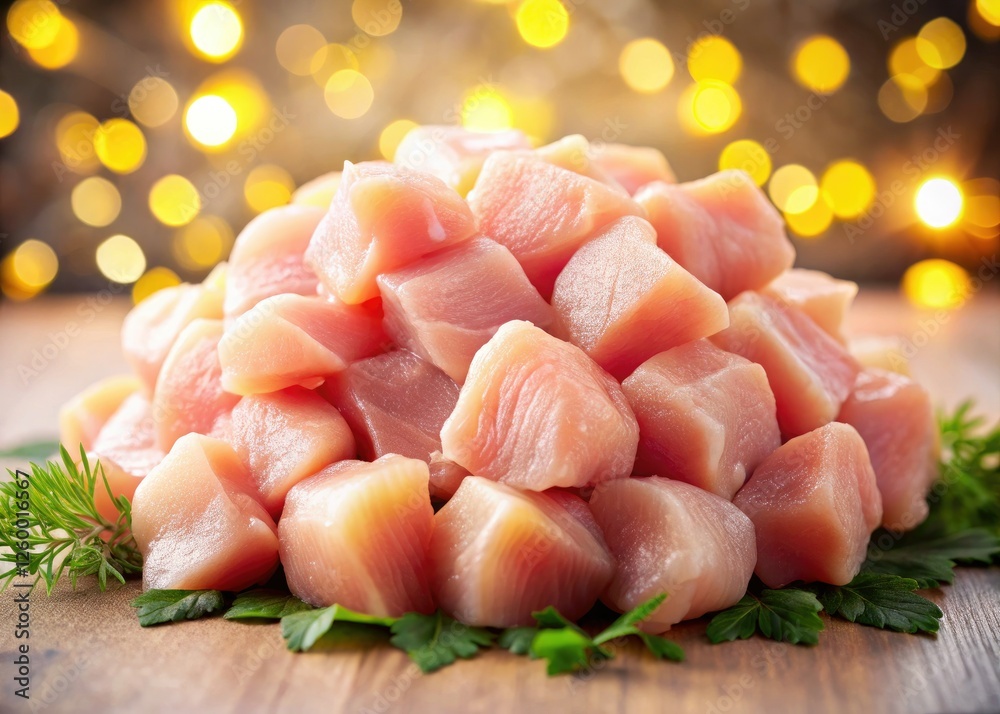 Juicy raw chicken pieces, top view, bokeh background. Fresh ingredient for your next dish. Juicy raw chicken pieces, top view, bokeh background. Fresh ingredient for your next dish.
