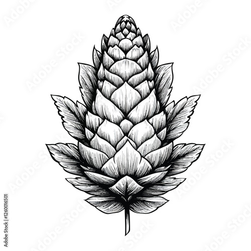 Hand-drawn hop cone with leaves in black and white for brewing and botanical designs.