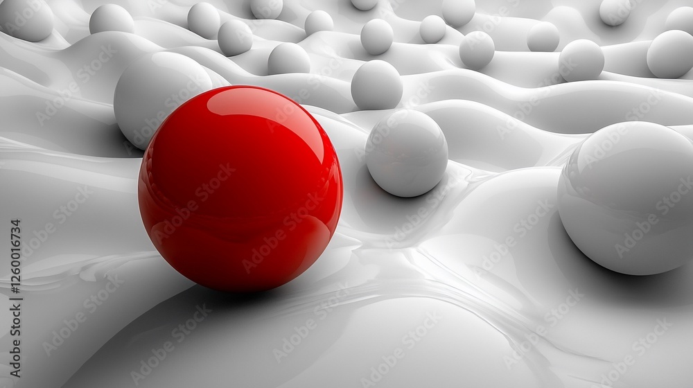Red sphere stands out among white spheres on a wavy surface; leadership concept, business background Red sphere stands out among white spheres on a wavy surface; leadership concept, business background