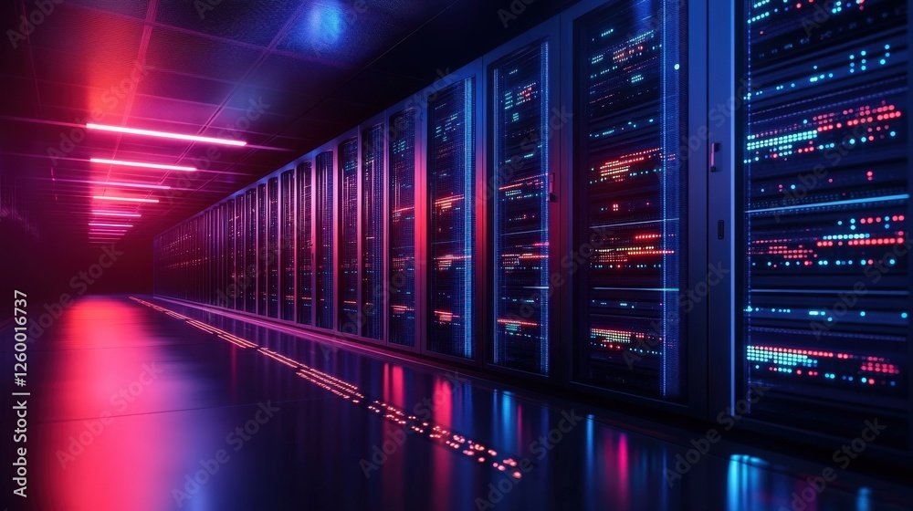 Futuristic data center interior with vibrant neon lights and hightech server racks Futuristic data center interior with vibrant neon lights and hightech server racks