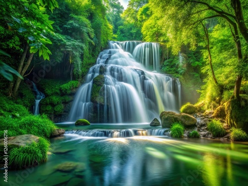 K Ultra HD: Tranquil nature scene of a lush waterfall captured via long exposure photography.