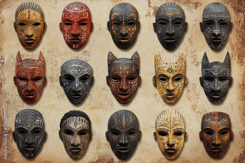 Traditional handcrafted masks displayed in a decorative arrangement showcasing cultural artistry and craftsmanship Traditional handcrafted masks displayed in a decorative arrangement showcasing cultural artistry and craftsmanship