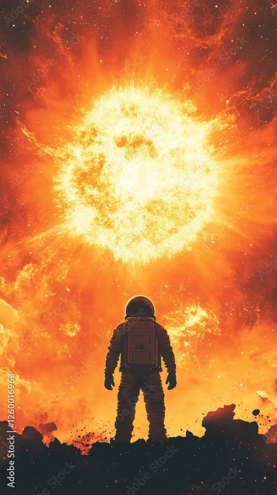 Fototapeta premium An astronaut stands silhouetted against a massive explosion in space
