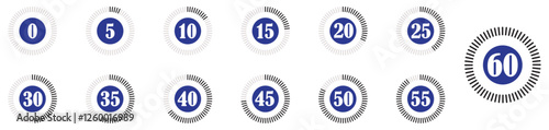 Stopwatch, timer icons set. Speed ​​measurements, countdown from 5 to 60 seconds minutes or hours. Stopwatch number markers for event tracking. Countdown numbers set for efficiency monitoring. clock