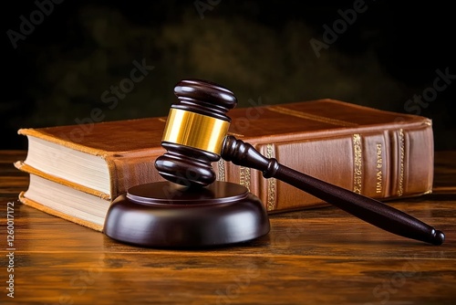 Law concept: Wooden gavel, legal books, golden scale on the table, with stately background. Symbol of justice and authority.