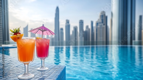 Refreshing cocktails by the pool with a city skyline backdrop during sunset