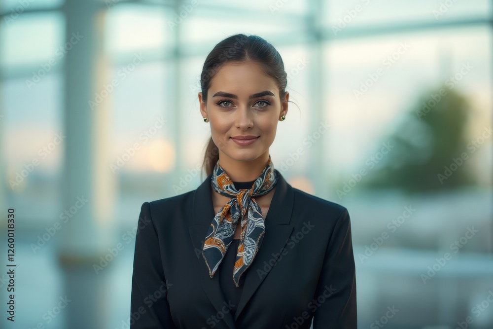 Head and shoulders Portrait of an elegant stylish Maltese young female flight attendant in uniform. Head and shoulders Portrait of an elegant stylish Maltese young female flight attendant in uniform.