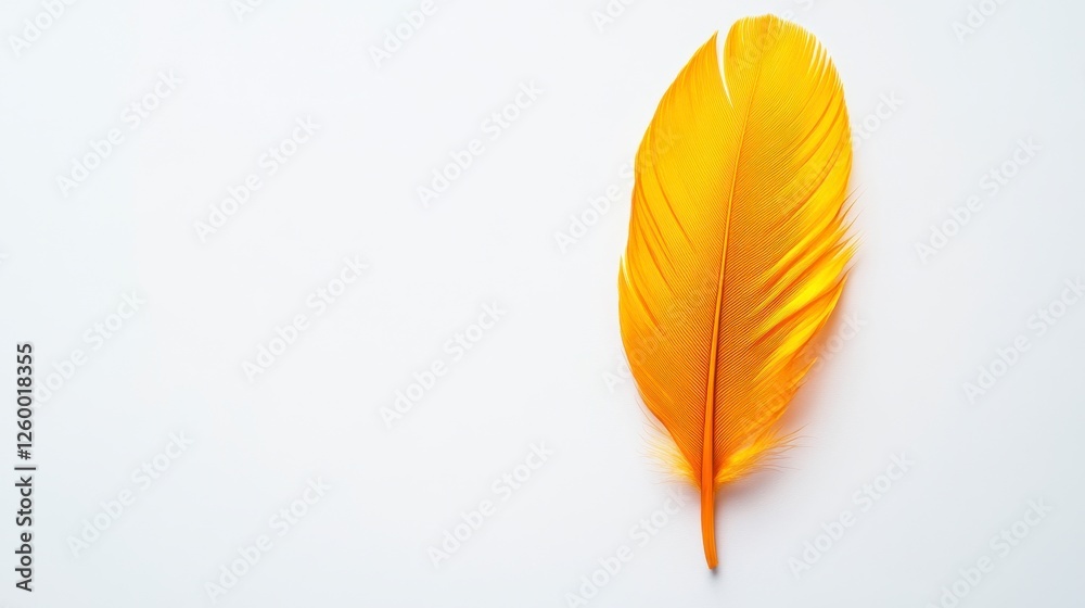 Vibrant golden feather elegantly displayed on clean white background showcasing intricate textures and natural beauty Vibrant golden feather elegantly displayed on clean white background showcasing intricate textures and natural beauty
