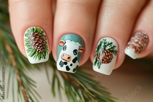 Unique cow nail art featuring a cow head and trees, perfect for winter holidays. photo