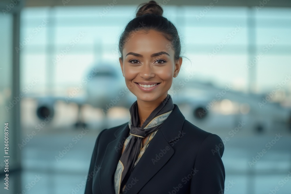 Head and shoulders Portrait of an elegant stylish Mauritanian young female flight attendant in uniform. Head and shoulders Portrait of an elegant stylish Mauritanian young female flight attendant in uniform.