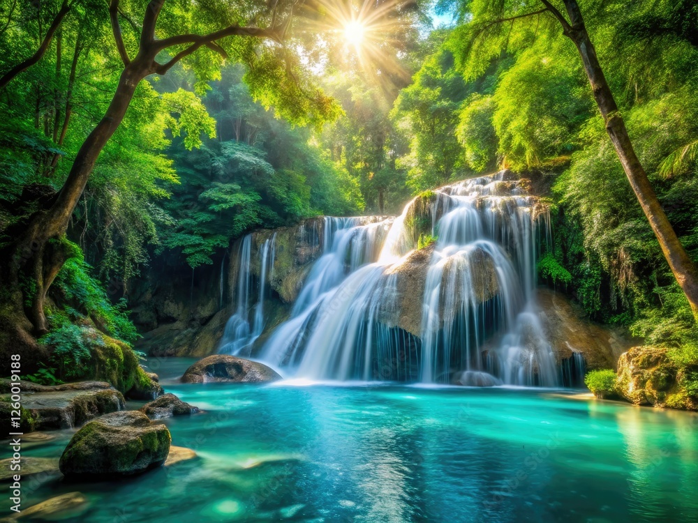 Fototapeta premium Lush rainforest canopy embraces turquoise waterfalls; cascading emerald water creates a tropical paradise.