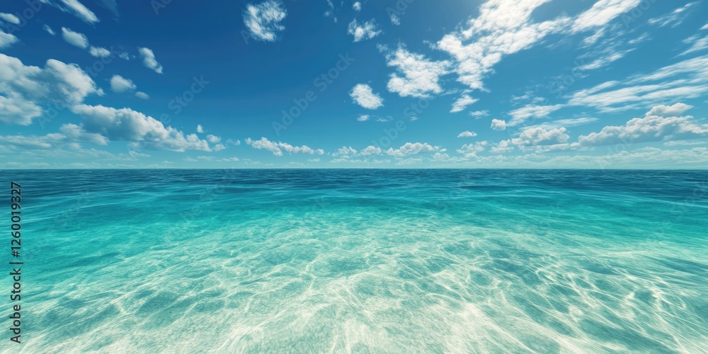 Fototapeta premium Serene tropical ocean scene with clear blue water and a horizon line view from the sandy shore.