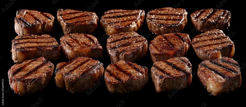Obraz premium Grilled steak assortment on a black background showcasing rich brown textures and grill marks ideal for food menus and promotional materials
